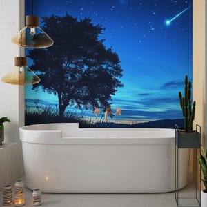 Sternschnuppe Nachthimmel Wandbild, Himmlische Baum Landschaft Tapete, Sternenhimmel Schälen und Aufkleben, Blaue Nacht Natur Wandkunst, Galaxie Akzent Wand