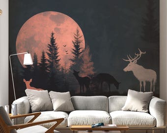 Fototapeta „Nocny las” samoprzylepna, sosny i jelenie, pełnia księżyca, szarość i róż, tapeta Cabincore, samoprzylepna ściana akcentowa