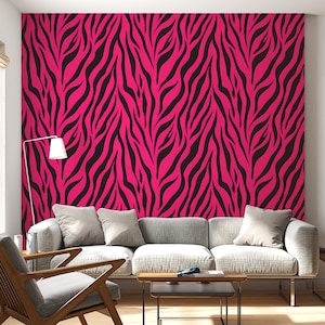 Hot Pink Zebra Print Wallpaper, Animal Print Peel and Stick, Trendy Neon Pink and Black Pattern, Eye-Catching Accent Wall, Easy to Apply