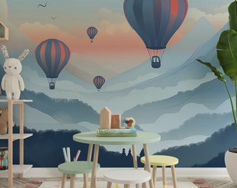 Mural de acuarela de montaña azul, mural de globos aerostáticos, papel tapiz autoadhesivo para guardería, decoración moderna para habitaciones infantiles.