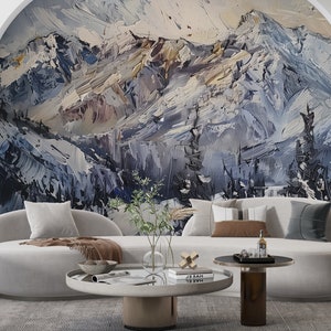 Abstract Oil Painting of Snowy Mountains Mural, Peel and Stick Mountains, Snowy Landscape Wallpaper, Blue and White Mountain Mural