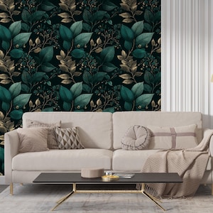 Dark Botanical Peel and Stick Wallpaper, Emerald Green & Gold Leaves, Moody Vintage Floral Design, Teal Accent Wall, Trendy Dark Academia