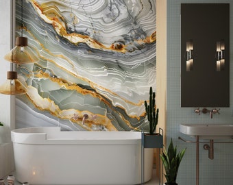 Décoration murale en marbre gris et or, papier peint texturé marbre, décoration murale accent pierre naturelle, décalcomanie amovible sans PVC