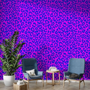 Carta da parati con stampa leopardata, ghepardo staccabile e attaccabile, design rosa e blu vibrante, decorazione luminosa alla moda, parete decorativa rimovibile con tocco di colore