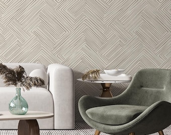 Abstract Geometric Wallpaper, Herringbone Pattern Peel and Stick, Chevron Style Accent, Neutral Beige Removable Decal, Modern Minimalist Art
