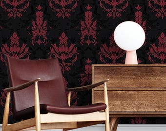 Gothic Damask Wallpaper, Black and Red Baroque Design, Vintage Victorian Peel and Stick, Academia Style