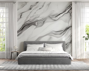 Fascinante mural de pared de mármol blanco y negro, elegantes líneas suaves, sofisticado sistema autoadhesivo, diseño universal removible para interiores modernos.