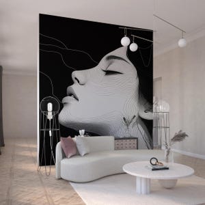 Murale minimalista con linee artistiche, stampa di un volto di donna astratto, carta da parati moderna in bianco e nero, elegante carta da parati boho chic staccabile e attaccabile, parete di dimensioni personalizzate
