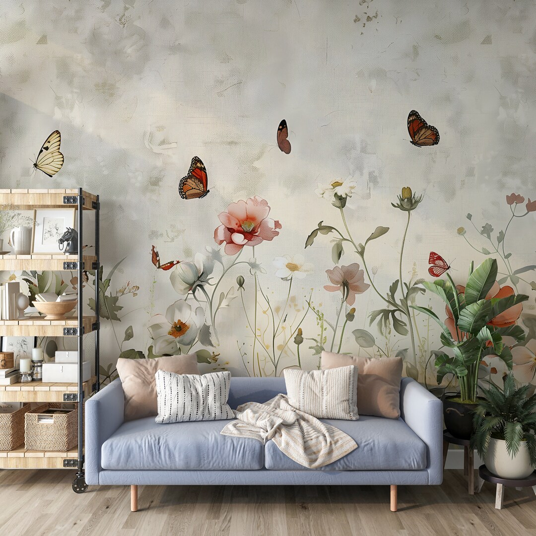Accent Wall Wild Meadow Flowers Mural, Minimalistic Floral Wallpaper ...