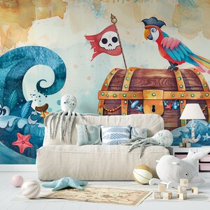 Watercolor Ocean Wall Mural, Pirate Style Peel and Stick Design, Cute Cartoon Style Kids Room Decor, Easy to Apply Wall Art, Bright Colors