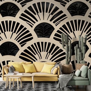 Schwarz-beiges Art-Deco-Wandbild, modernes geometrisches Design, Akzent-Wandbild, fächerförmiges Vintage-Dekor, selbstklebend