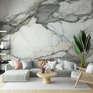 Luxury Marble Mural, Calacatta Peel and Stick, White & Grey Stone-Like Design, Modern Faux Marble Wall, Bathroom and Kitchen Accent Wall