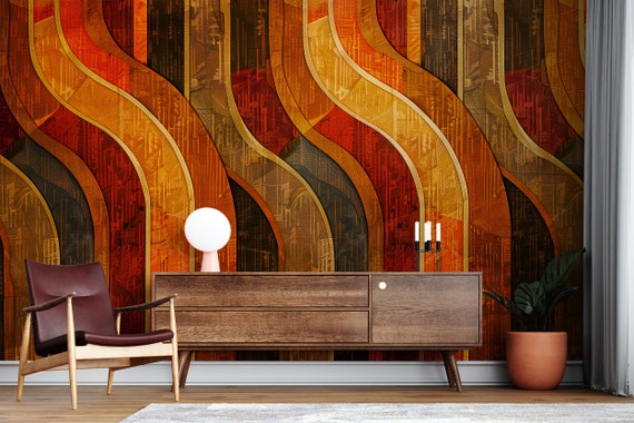 Abstract Retro Wall Mural, Earthy Peel and Stick, Vintage Wall Design, Orange and Brown Accent Wall, Vibrant Decor, Easy to Apply and Remove