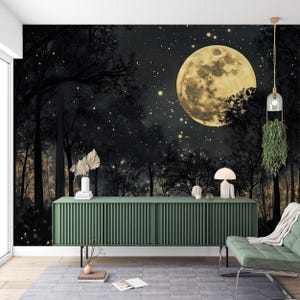 Magical Night Forest Wallpaper, Dark Woodland Night Sky Mural, Full Moon Peel and Stick, Enchanted Forest, Celestial Wall Decor, Starry Sky