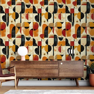 Carta da parati geometrica retrò, stacca e attacca astratta, dimensioni personalizzate, giallo senape caldo, parete decorativa rossa e nera, aspetto vintage, murale elegante