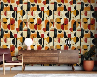 Retro Geometric Wallpaper, Abstract Peel and Stick, Custom Size, Warm Mustard Yellow, Red and Black Accent Wall, Vintage Look, Stylish Mural