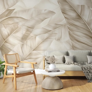Elegant Botanical Mural, Beige Banana Leaves Peel and Stick, Monochrome Design, Neutral Accent Wall, Modern Minimalist Wallpaper, PVC-Free