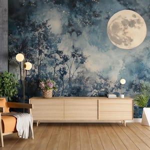 Papier peint forêt mystique pleine lune, papier peint autocollant bleu ciel nocturne, papier peint céleste aquarelle, mur sombre accent Academia, dimension personnalisée