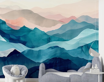 Boho Mountain Wall Mural, Abstract Landscape Wallpaper, Blue and Pink Decor, Beautiful Nature, Modern Removable Design, Elegant Accent Wall