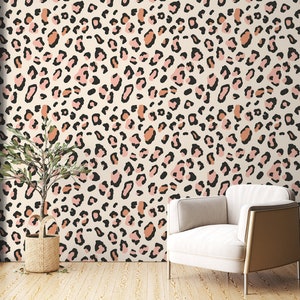 Carta da parati con stampa leopardata rosa antico, carta da parati con stampa ghepardo alla moda, parete decorativa moderna, design su misura, decorazione rimovibile, stampa animalier
