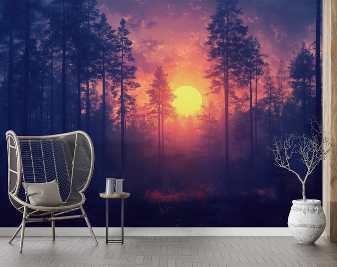 Forest Trees Night Scene Mural Wallpaper, Navy, Extra Large Wall Art ...