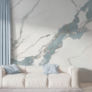 Murale moderno effetto marmo, aspetto pietra naturale, bianco e blu senza tempo, stacca e attacca, venature grigie, parete decorativa lussuosa, carta da parati rimovibile