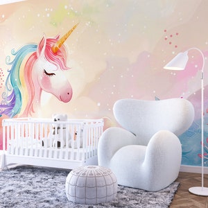 Murale da parete con unicorno arcobaleno carino, carta da parati magica per la cameretta dei bambini, design femminile da staccare e attaccare per la sala giochi, arte murale autoadesiva