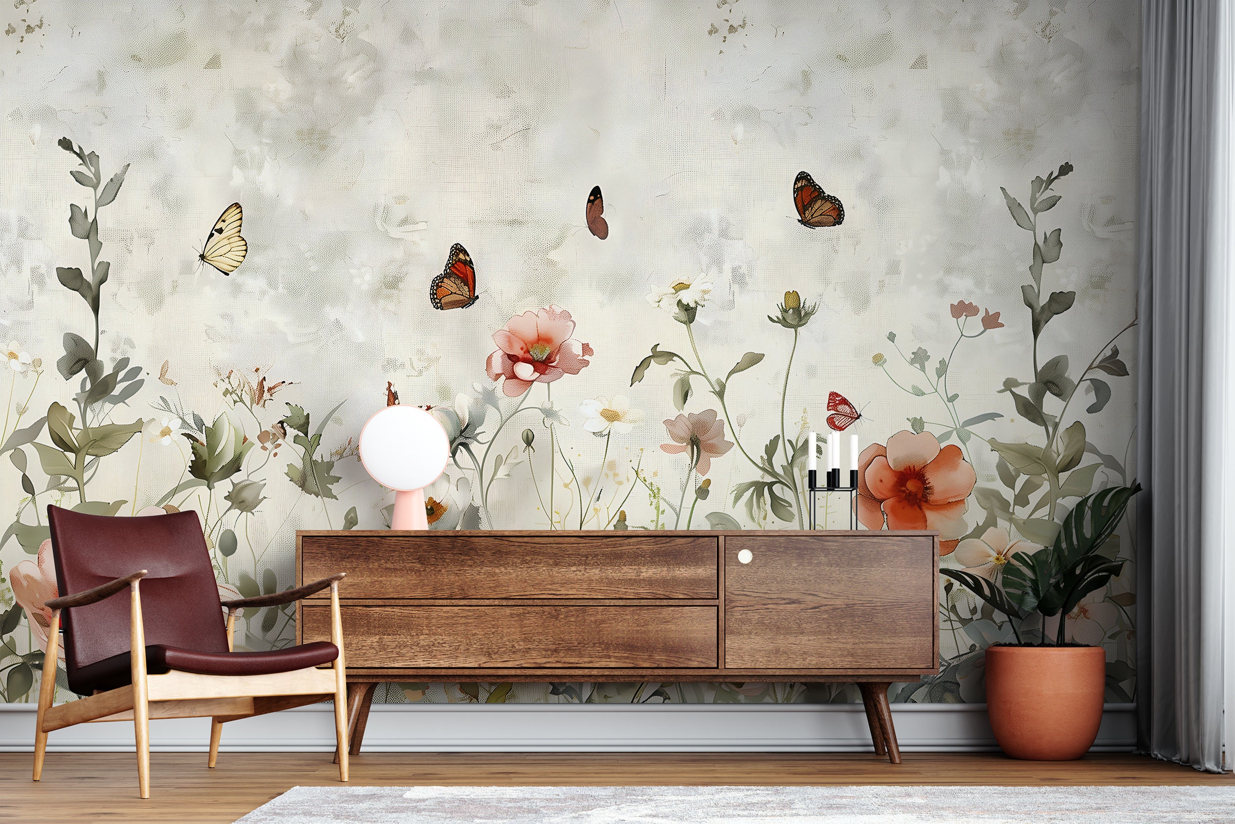 Accent Wall Wild Meadow Flowers Mural, Minimalistic Floral Wallpaper ...