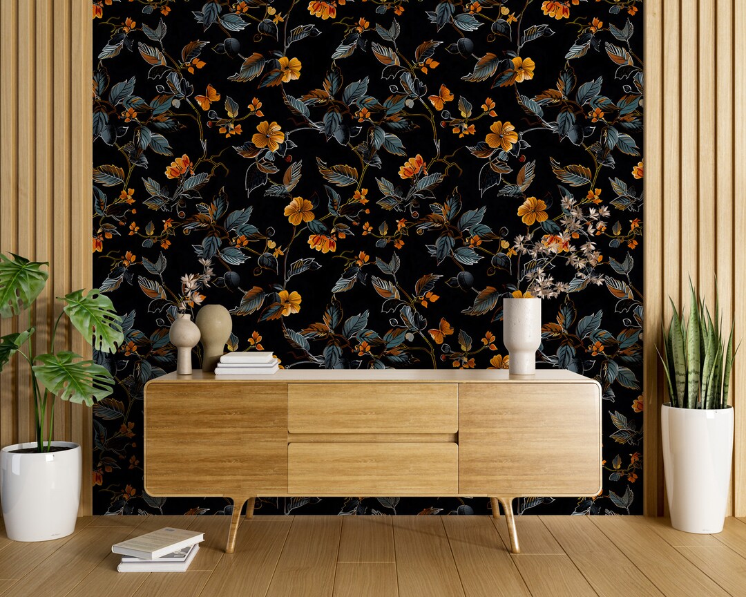 Abstract Dark Floral Wallpaper, Black and Orange Botanical Wallpaper ...