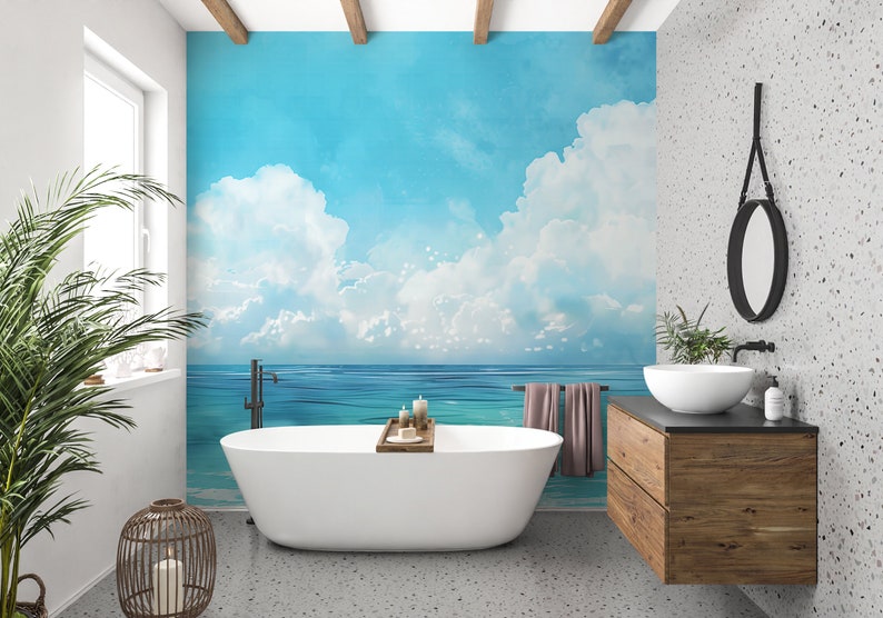 Serene Sea and Sky Mural, Relaxing Accent Wall Design, Soft Blue and ...