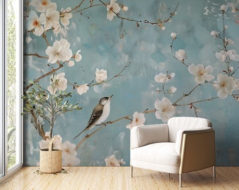Mural chinoiserie azul suave, delicado papel tapiz botánico, decoración de pared con diseño floral autoadhesivo, arte de pared japonés con flores y pájaros