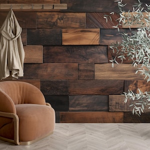 Dunkles Holzwandbild, Holzplatten, gemütliche Tapete, abnehmbares Schälen und Aufkleben, rustikales Design, natürliches Dekor, warme, einfach anzuwendende Akzentwand
