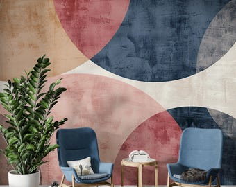 Retro Abstract Mural, Geometric Design Peel and Stick. Muted Earthy Tone Semi-Circles, Vintage Textured Look, Timeless Contemporary Wall