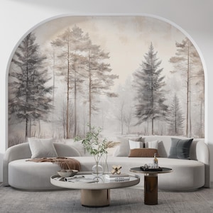 Serene Winter Forest Mural, Pine Tree Peel and Stick, Foggy Landscape, Snowy Nature Wallpaper, Subtle Accent Wall, Self-Adhesive Wall Decor