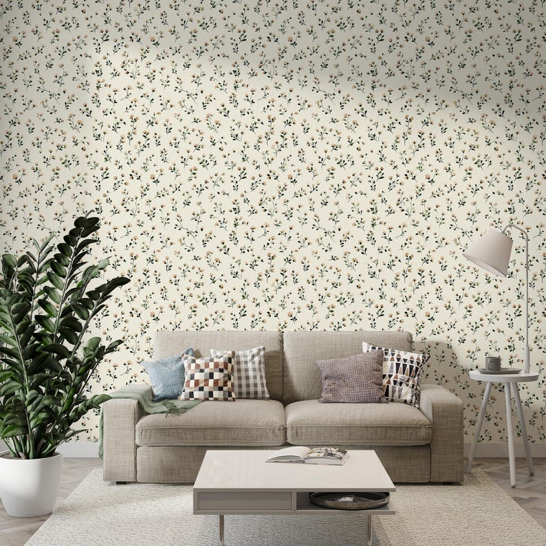 Custom size neutral botanical peel and stick wall mural