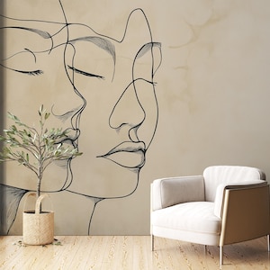 Murale minimalista con linee artistiche, volti astratti, toni beige neutri, moderno stacca e attacca, facile da installare e rimuovere, carta da parati boho