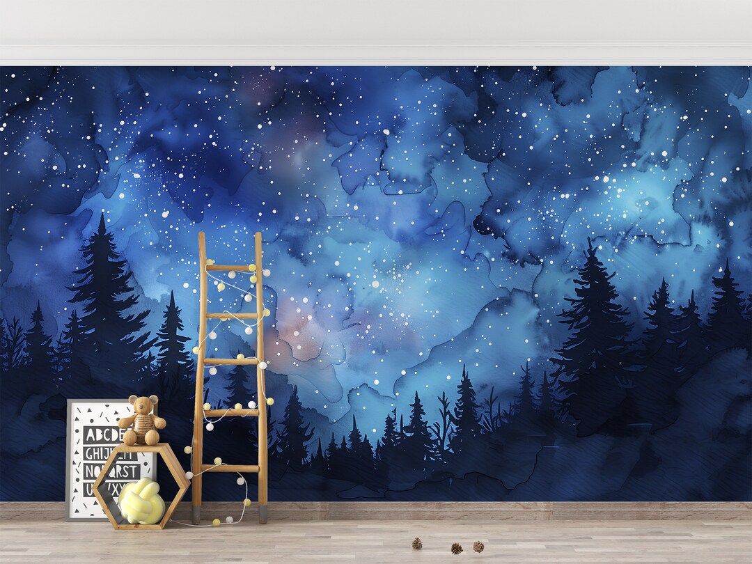 Starry Night Wall Mural, Peel and Stick Sky and Stars Wallpaper, Stars ...