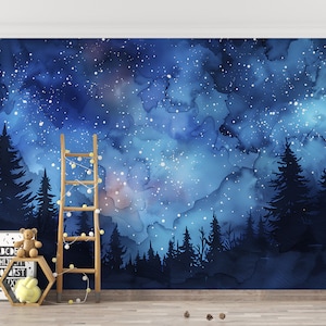 星空の壁画、剥がして貼る空と星の壁紙、空の星の壁画、子供部屋の濃い青の雲のアート