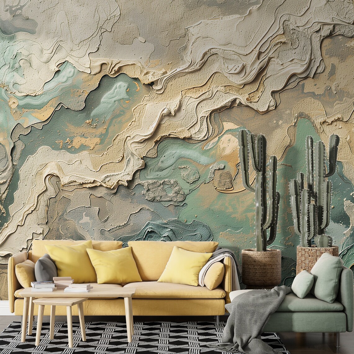 Textured Earthy Wall Mural, Abstract Beige and Green Art, Subtle Muted ...