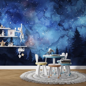 Starry Night Wall Mural, Peel and Stick Sky and Stars Wallpaper, Stars ...