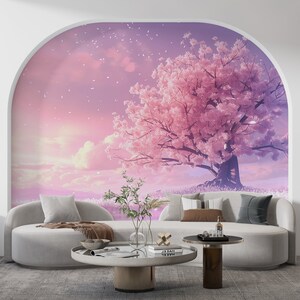 繊細な桜の木の壁画、桜が咲く剥がして貼れる、ピンクとライラックの空、ふわふわの雲、平和なデザイン、取り外し可能な装飾