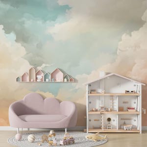 Carta da parati con nuvole sognanti, murale con cielo pastello, design acquerello, decorazione autoadesiva con cielo al tramonto, decorazione per cameretta boho, stacca e attacca, dimensioni personalizzate
