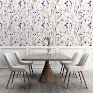 Minimalist Floral Wallpaper, Delicate Wildflower Peel and Stick, Watercolor Botanical Print, Beige Purple Elegant Design, Vintage Flowers
