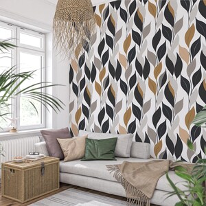 Carta da parati moderna con foglie, decorazioni neutre minimaliste, delicati toni neri, beige e grigi, carta da parati autoadesiva