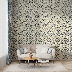 Carta da parati floreale vintage, design toile blu navy, stile fattoria francese, stile shabby chic, parete decorativa cottagecore, design su misura