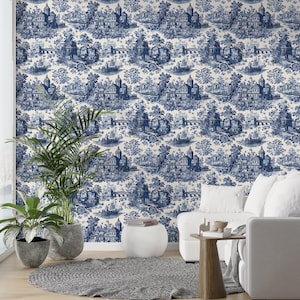 Vintage Blue Toile Wallpaper, French Cottagecore Wall Mural, Country Landscape Peel and Stick, Pre-pasted Wall Design, Classic Farmhouse