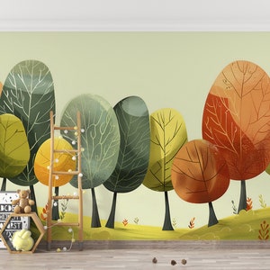 Mural de pared con árboles coloridos, papel tapiz con dibujos de acuarela, mural de paisaje para guardería despegable y adherible, decoración extraíble sin PVC