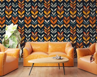 Vibrant Retro Peel and Stick, Orange and Blue Leaves Wallpaper, Rich Warm Tones, Dark PVC-Free Accent Wall, Self-Adhesive Wall Design
