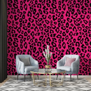 Carta da parati con stampa leopardata vibrante, design da parete rosa shocking, parete decorativa alla moda, vivace stacca e attacca, accattivante decorazione da parete rimovibile