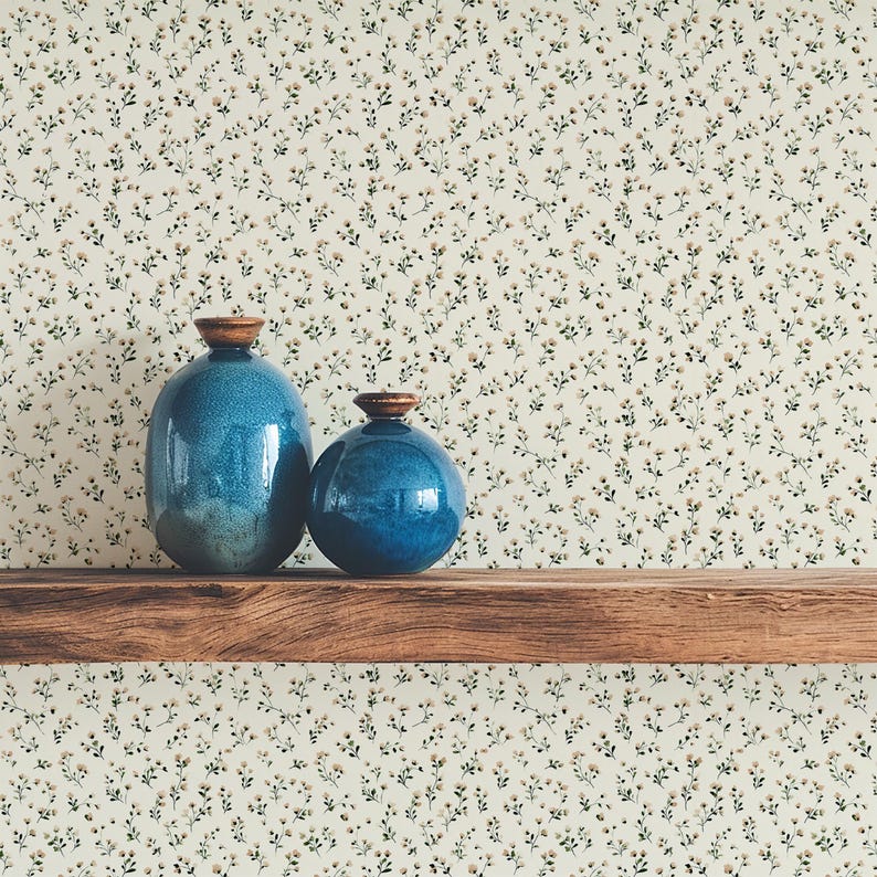 Small scale botanical wallpaper in neutral beige and cream